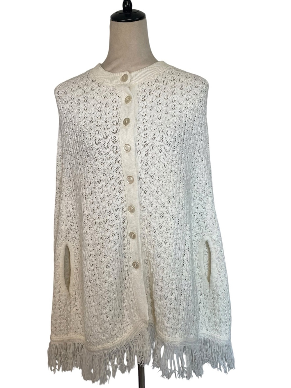 Cream Knit Fringe Button-Front Women's Sweater Poncho